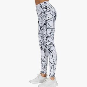 Black and White Marbled Workout Barre Yoga Running Leggings With Pockets, Large